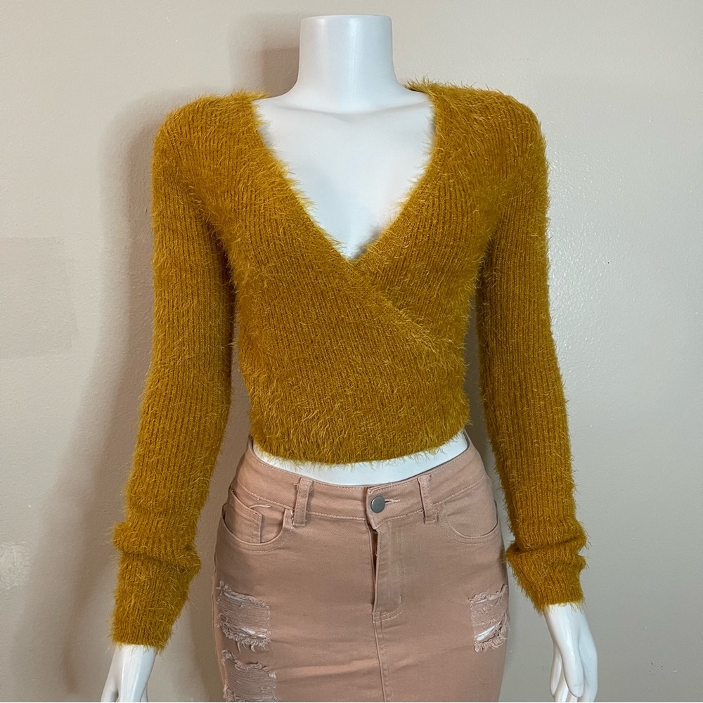 Mustard yellow fuzzy V neck cropped long sleeve wrapped sweater top